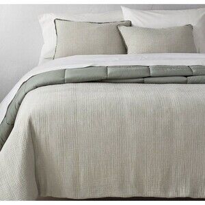 RARE King Textured Chambray Cotton Comforter & Sham Set Sage Green- Casaluna NEW